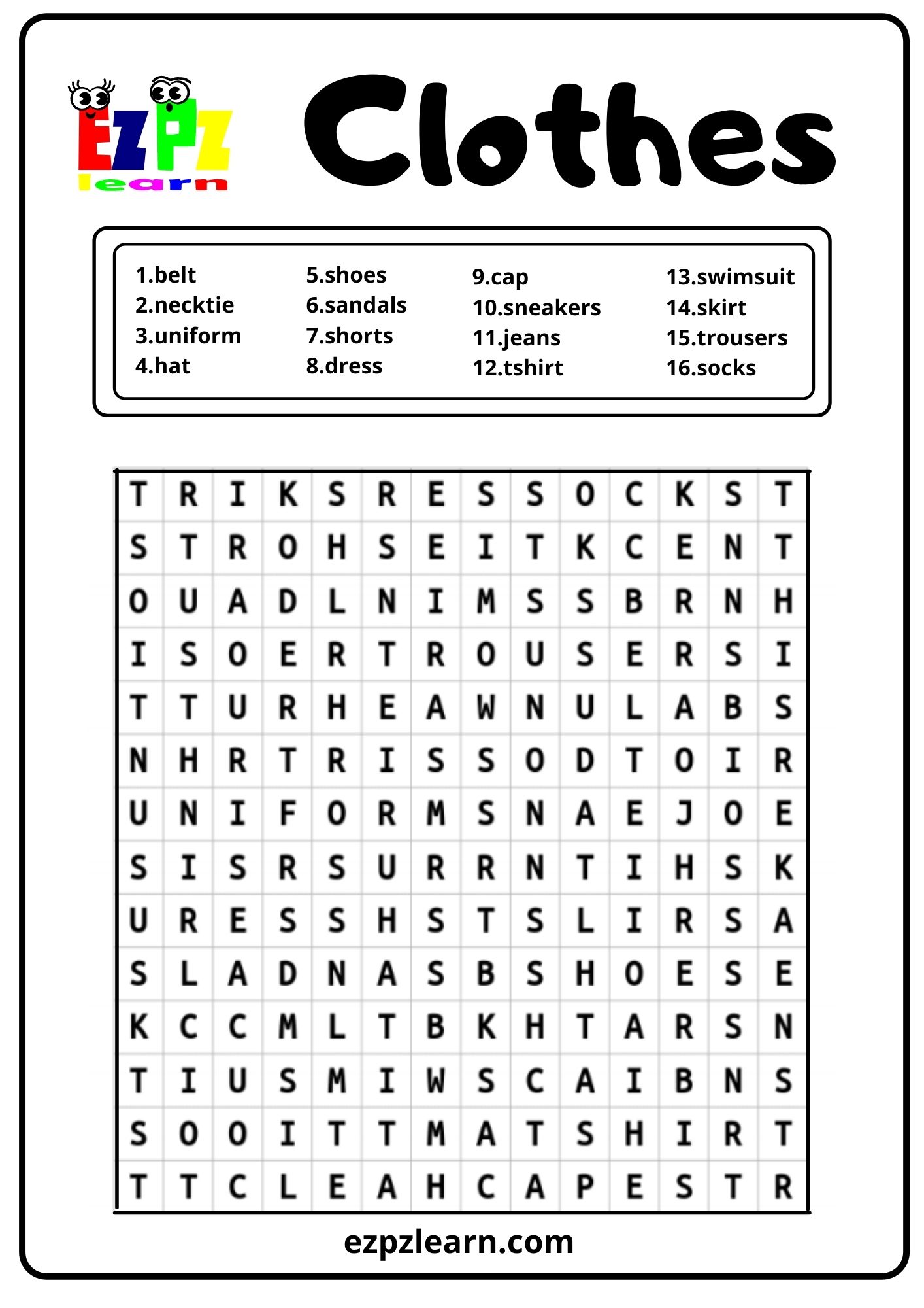 Clothes Word Search